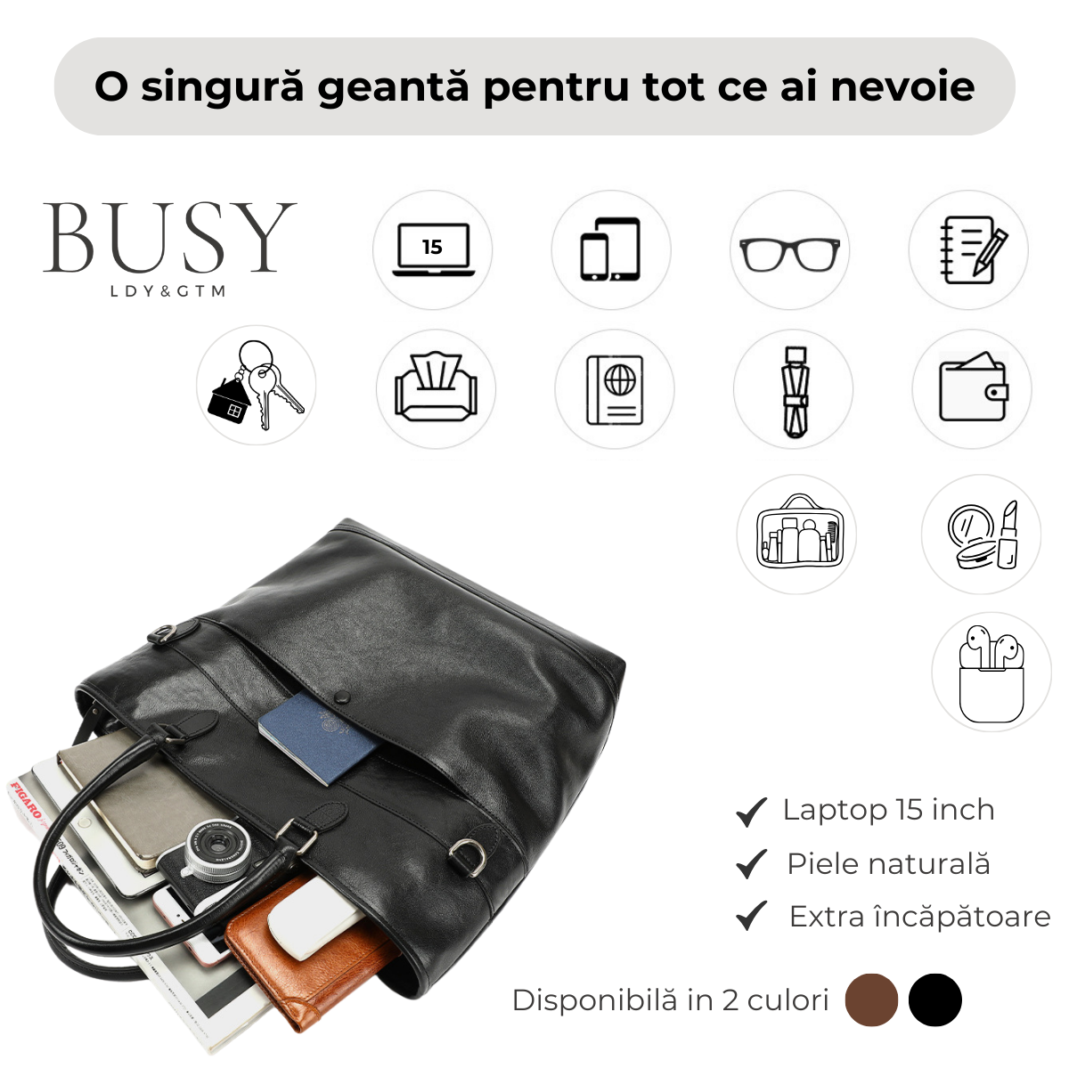 Geantă dama din piele naturală, laptop 15inch, Criss, negru