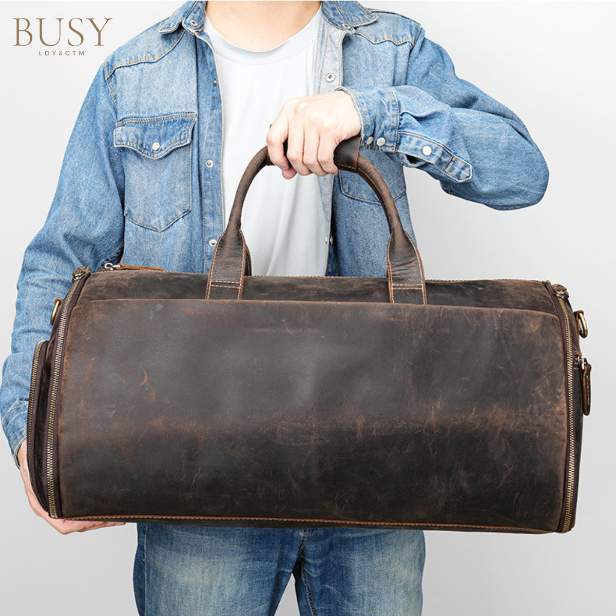 Geanta de voiaj din piele naturala, multifunctionala, Atlas, capacitate mare, compartiment costum si incaltaminte, maro inchis vintage