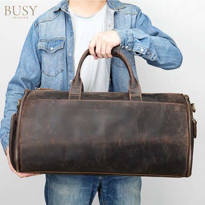 Geanta de voiaj din piele naturala, multifunctionala, Atlas, capacitate mare, compartiment costum si incaltaminte, maro inchis vintage