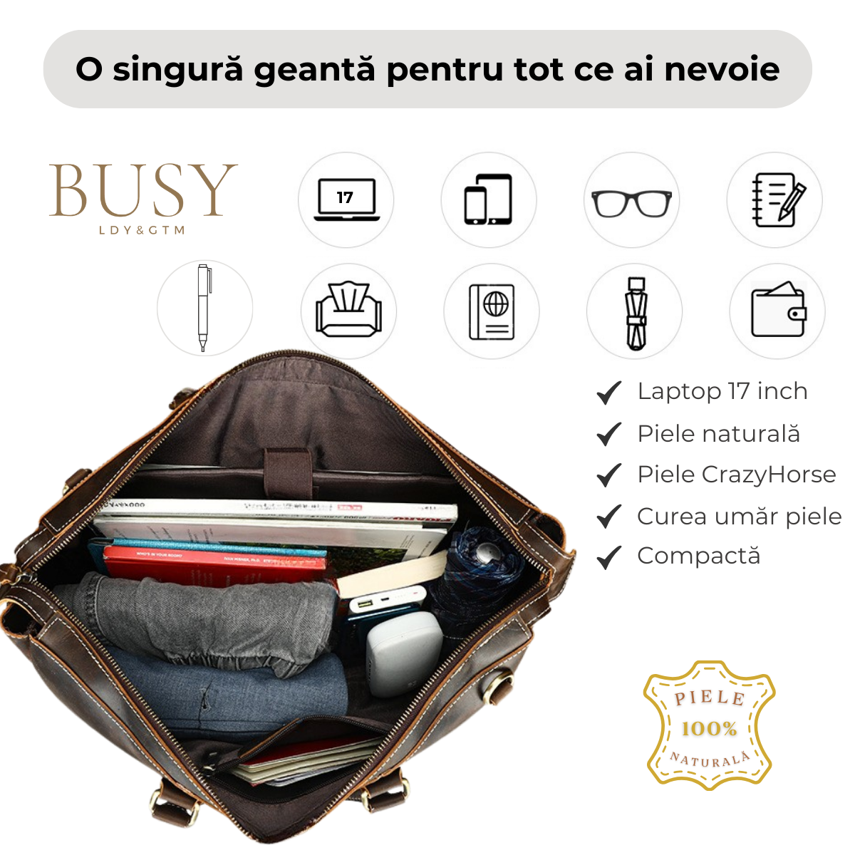 Geantă laptop 17inch, piele naturală Crazy Horse, retro business, Legacy XL, maro