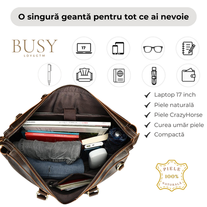 Geantă laptop 17inch, piele naturală Crazy Horse, retro business, Legacy XL, maro