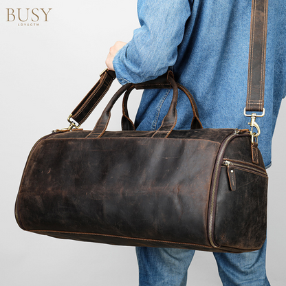 Geanta de voiaj din piele naturala, multifunctionala, Atlas, capacitate mare, compartiment costum si incaltaminte, maro inchis vintage