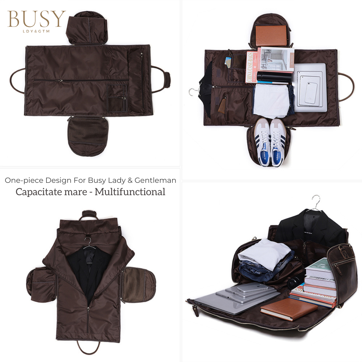 Geanta de voiaj din piele naturala, multifunctionala, Atlas, capacitate mare, compartiment costum si incaltaminte, maro inchis vintage