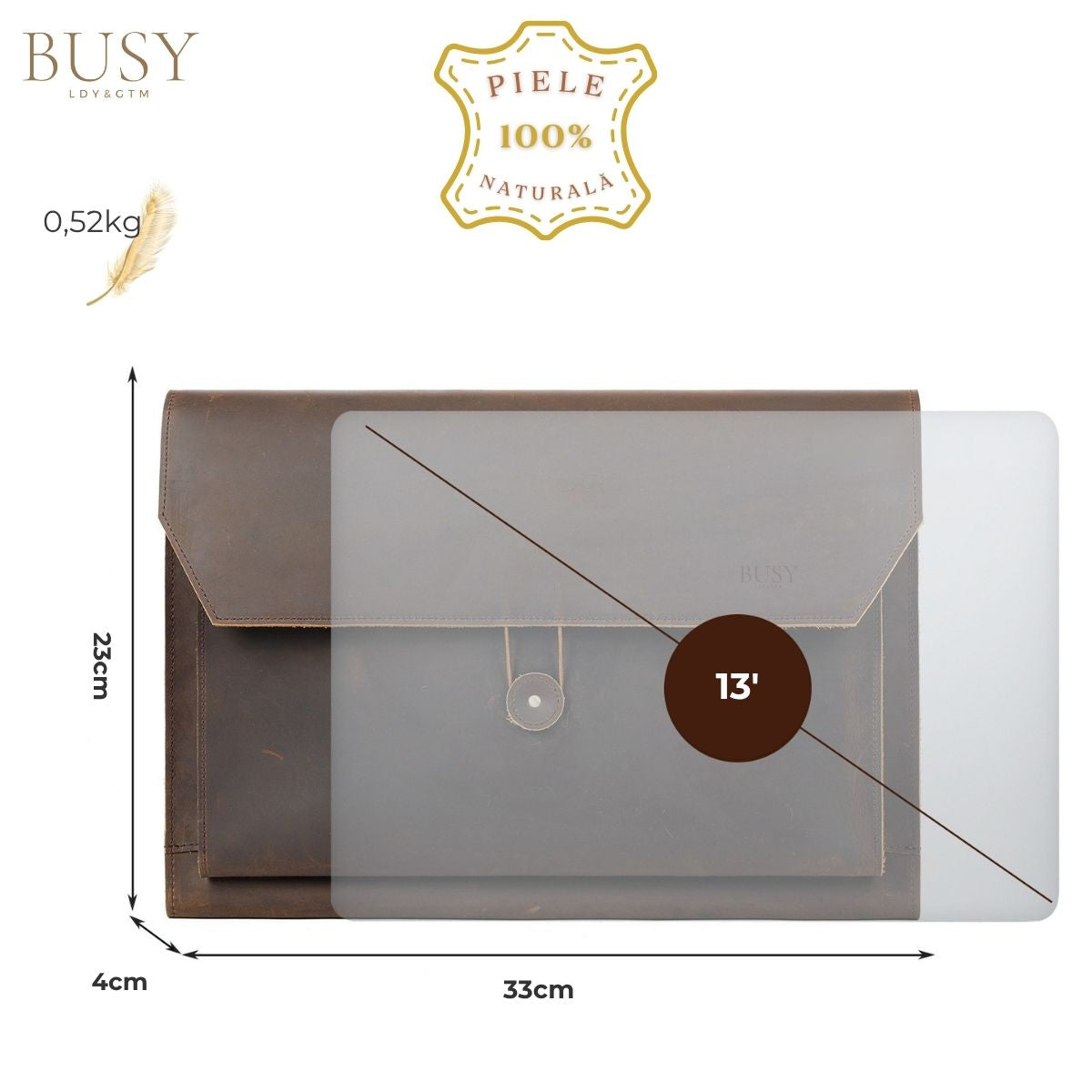 Husa laptop 13 inch din piele naturala Crazy Horse, BUSY LDY&GTM® Elegance, Slim, Maro