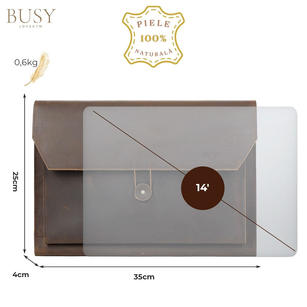 Husa laptop 14 inch din piele naturala Crazy Horse, BUSY LDY&GTM® Elegance, Slim, Maro