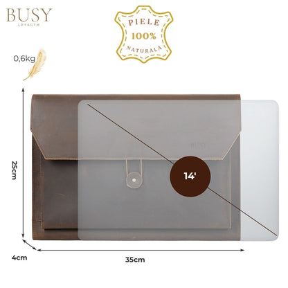 Husa laptop 14 inch din piele naturala Crazy Horse, BUSY LDY&GTM® Elegance, Slim, Maro