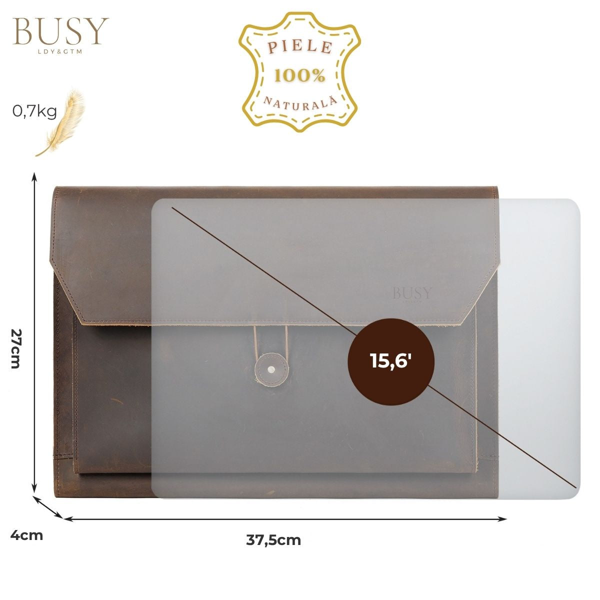 Husa laptop 15,6 inch din piele naturala Crazy Horse, BUSY LDY&GTM® Elegance, Slim, Maro