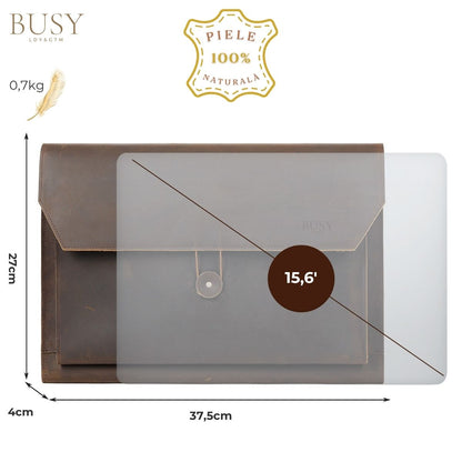 Husa laptop 15,6 inch din piele naturala Crazy Horse, BUSY LDY&GTM® Elegance, Slim, Maro