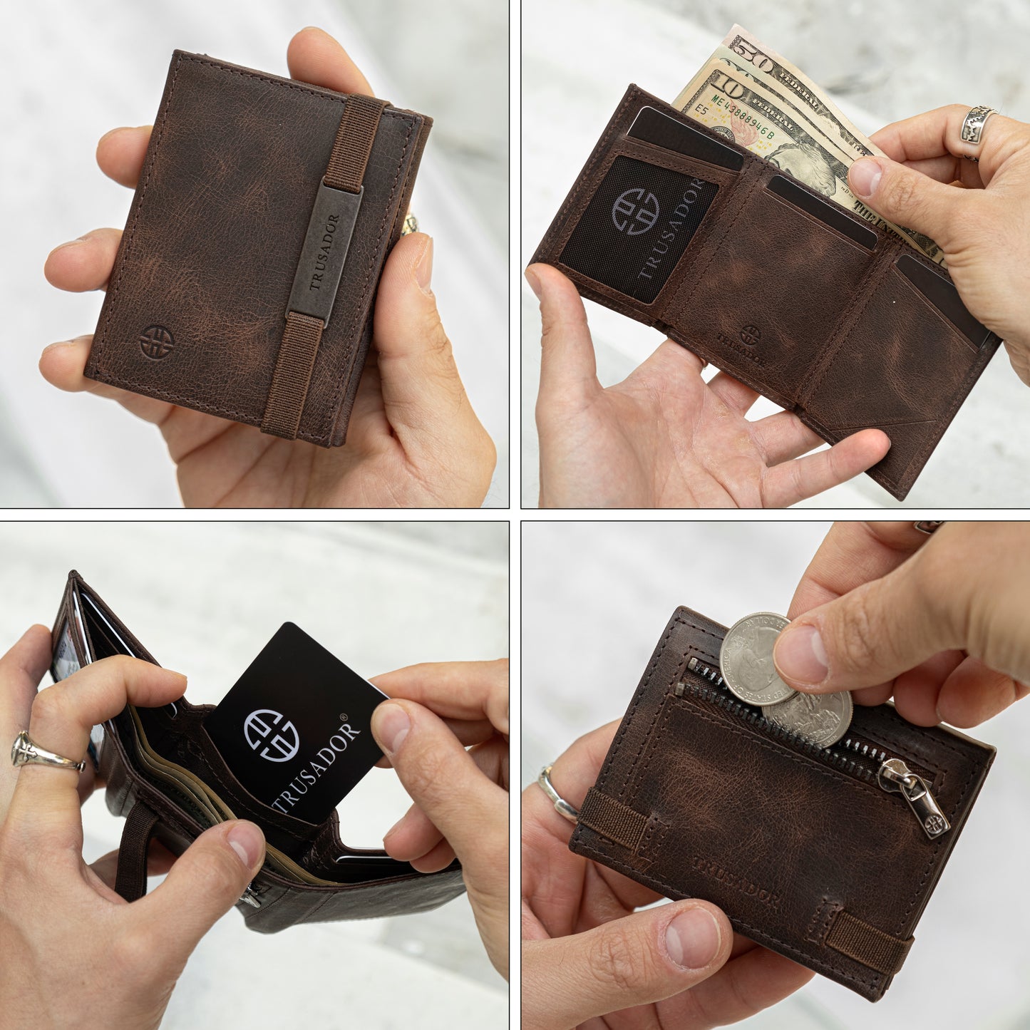 Portofel piele naturala cu cu oglinda si protectie anti scanare carduri RFID, design compact trifold, Marseille - maro
