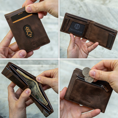 Portofel din piele naturala cu protectie anti scanare carduri RFID si cu buzunar pentru monede, Trento - maro