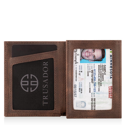 Portofel piele naturala cu cu oglinda si protectie anti scanare carduri RFID, design compact trifold, Marseille - maro