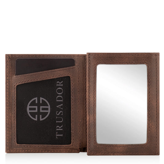 Portofel piele naturala cu cu oglinda si protectie anti scanare carduri RFID, design compact trifold, Marseille - maro