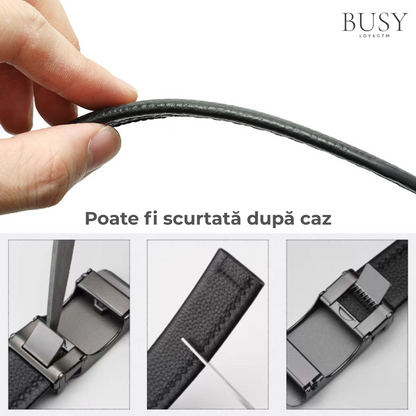 Curea barbati piele naturală, cataramă automată, Negru Metal