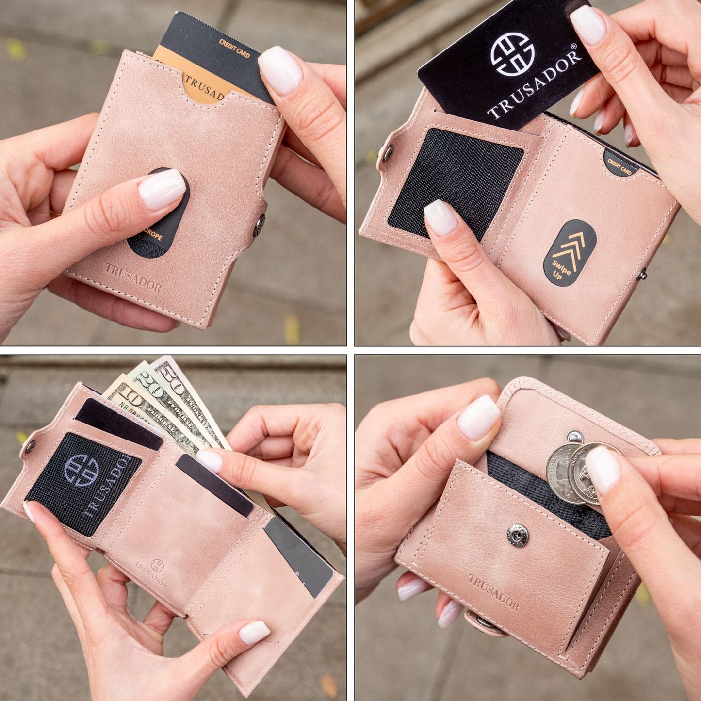 Portofel piele naturala cu protectie anti scanare carduri RFID, design compact trifold, Valencia - roz