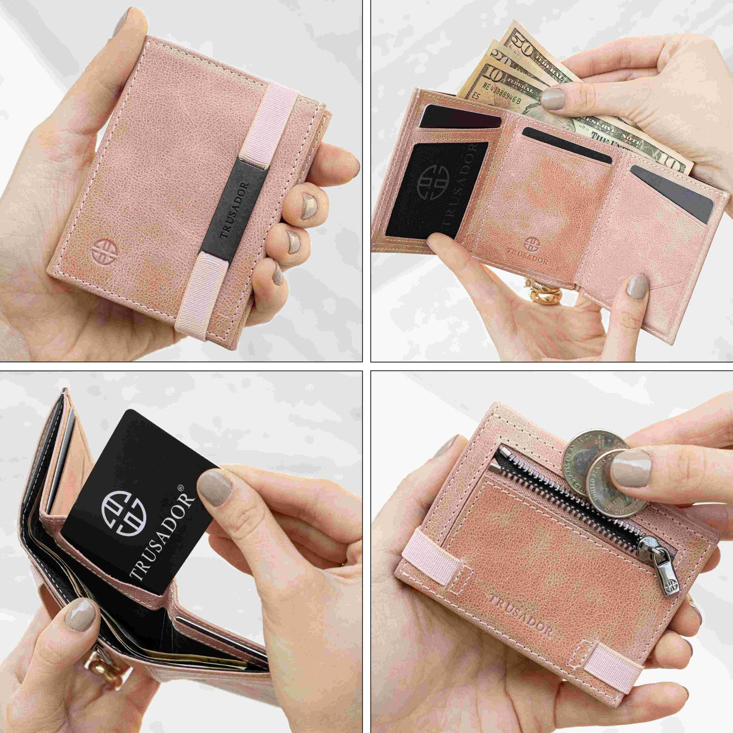 Portofel piele naturala cu cu oglinda si protectie anti scanare carduri RFID, design compact trifold, Marseille - roz