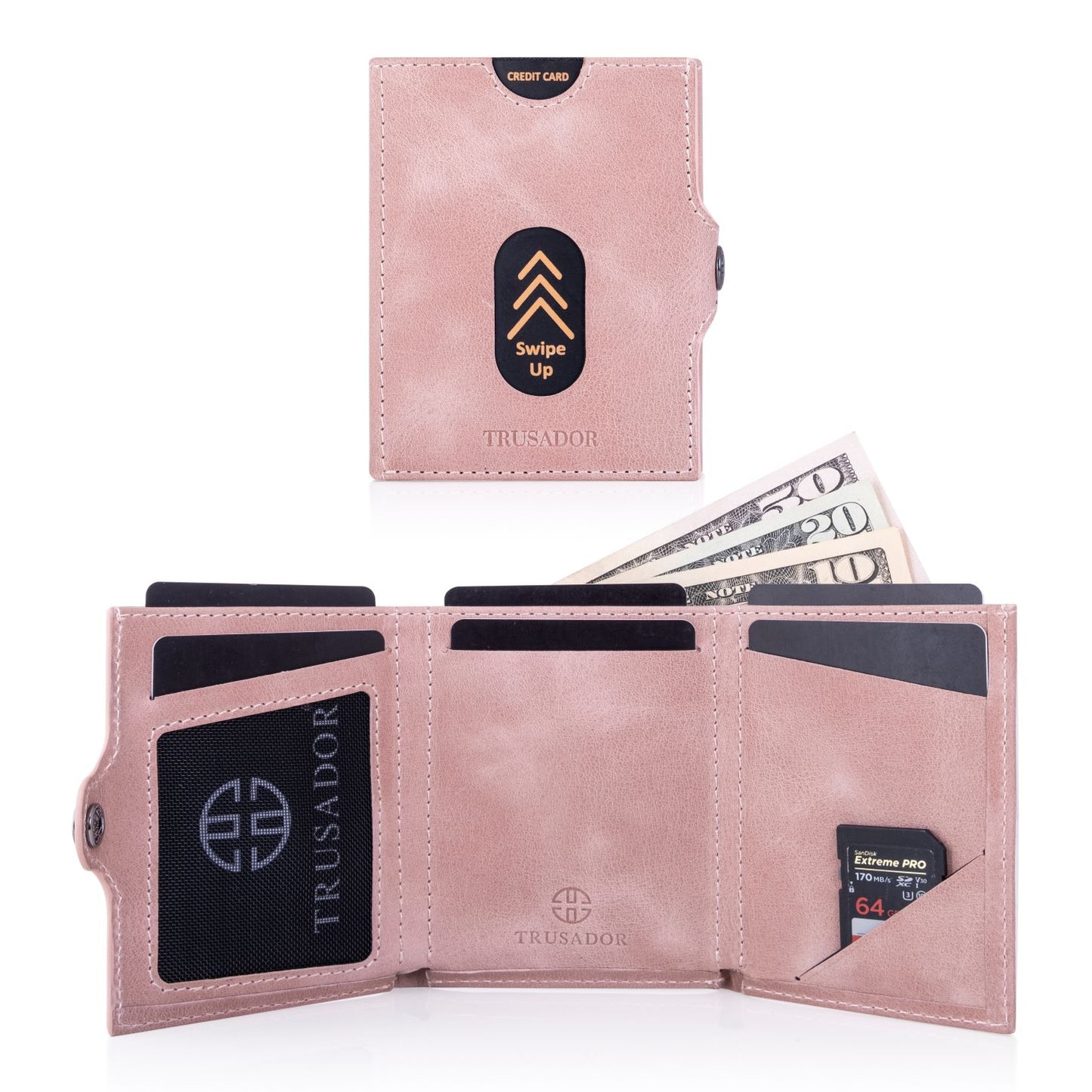 Portofel piele naturala cu protectie anti scanare carduri RFID, design compact trifold, Valencia - roz