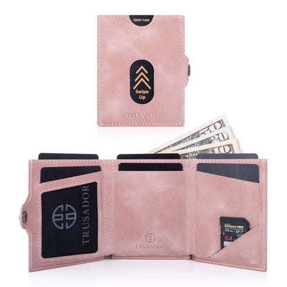 Portofel piele naturala cu protectie anti scanare carduri RFID, design compact trifold, Valencia - roz
