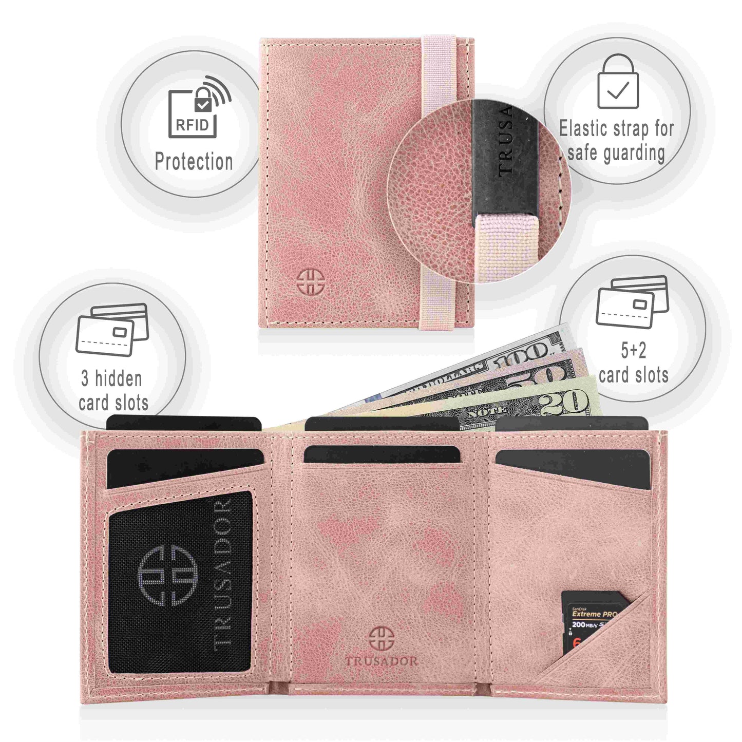 Portofel piele naturala cu cu oglinda si protectie anti scanare carduri RFID, design compact trifold, Marseille - roz