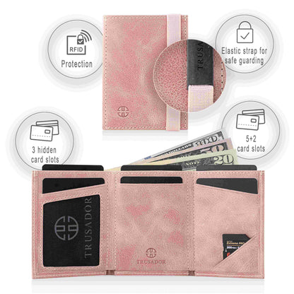 Portofel piele naturala cu cu oglinda si protectie anti scanare carduri RFID, design compact trifold, Marseille - roz