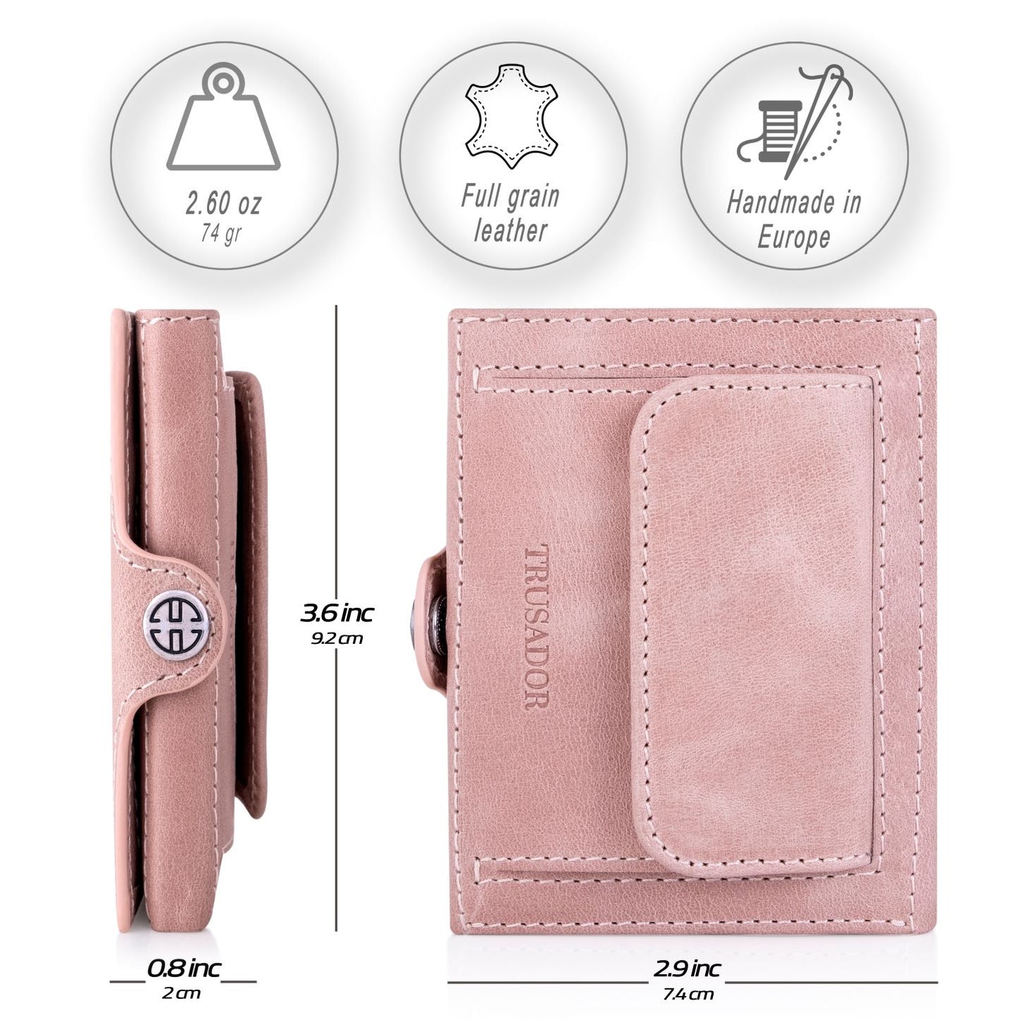 Portofel piele naturala cu protectie anti scanare carduri RFID, design compact trifold, Valencia - roz