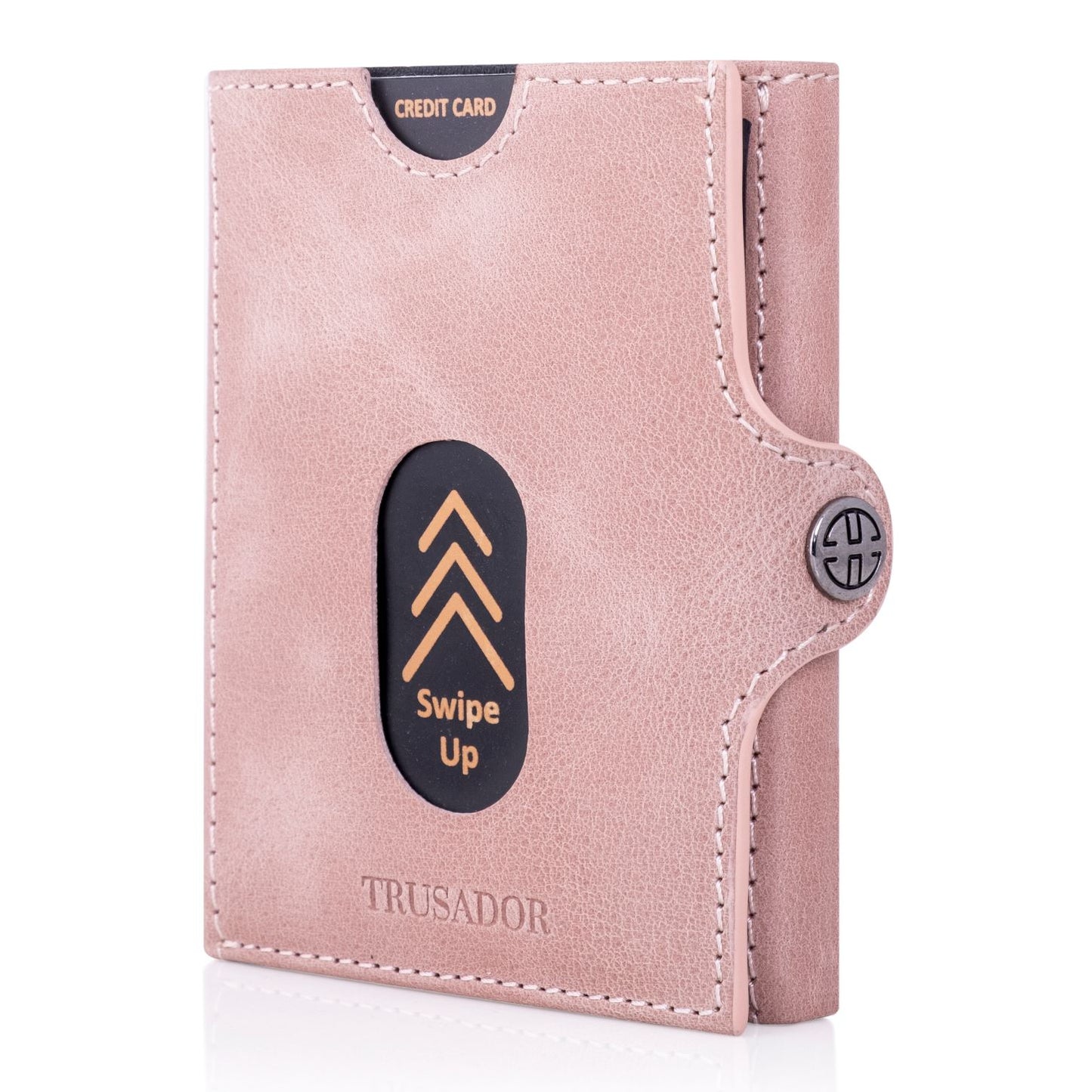Portofel piele naturala cu protectie anti scanare carduri RFID, design compact trifold, Valencia - roz