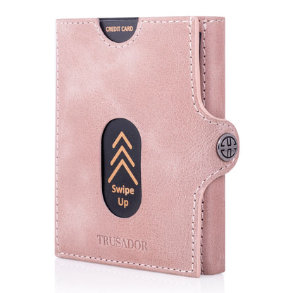 Portofel piele naturala cu protectie anti scanare carduri RFID, design compact trifold, Valencia - roz