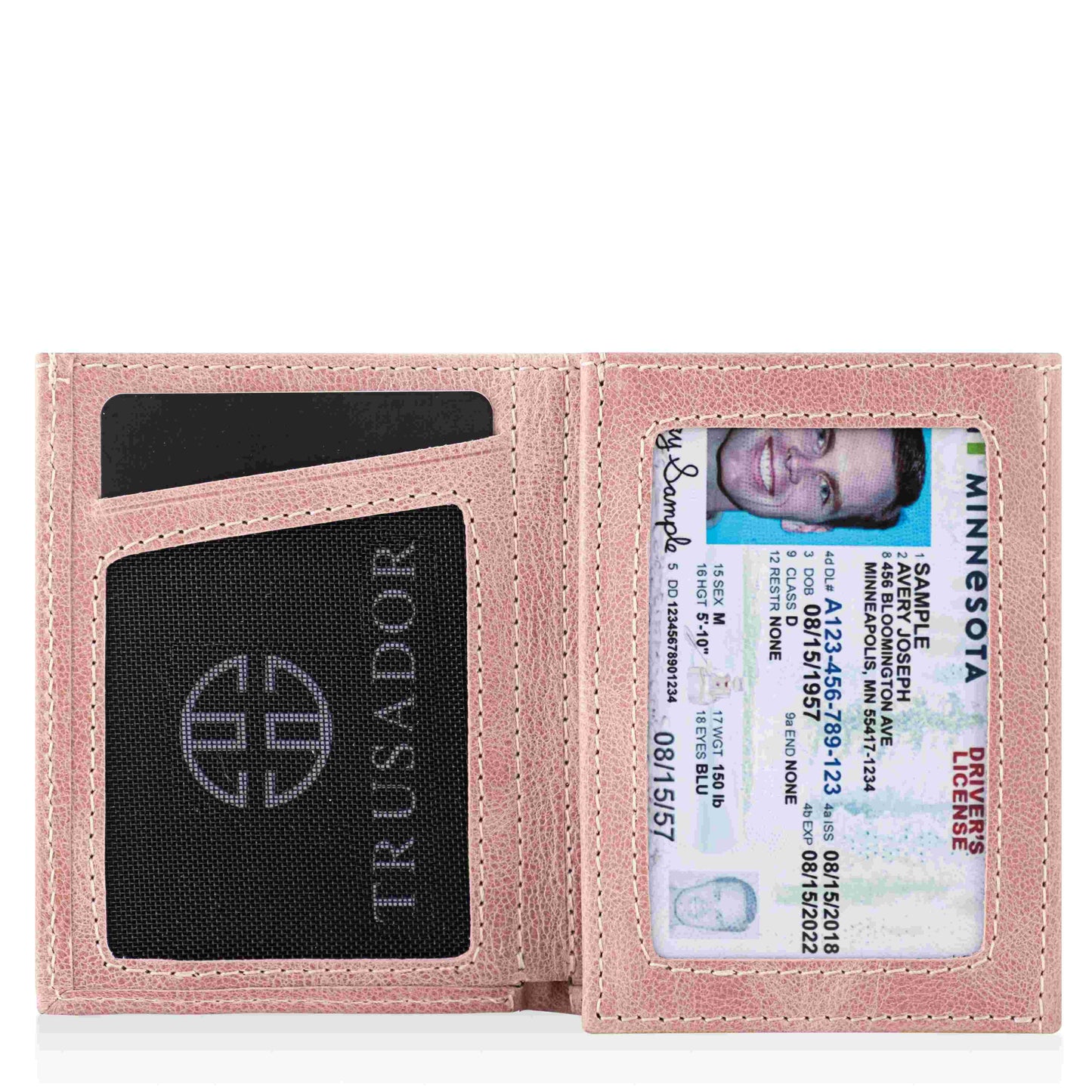 Portofel piele naturala cu cu oglinda si protectie anti scanare carduri RFID, design compact trifold, Marseille - roz