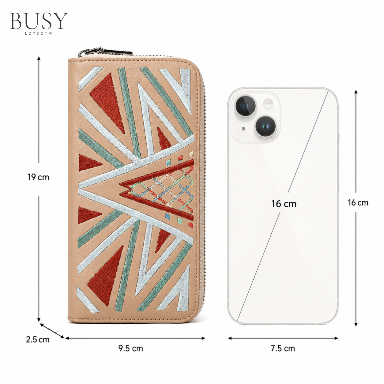 Portofel dama din piele naturală brodată multicolor, BUSY Lady & Gentleman® Ana – Beige