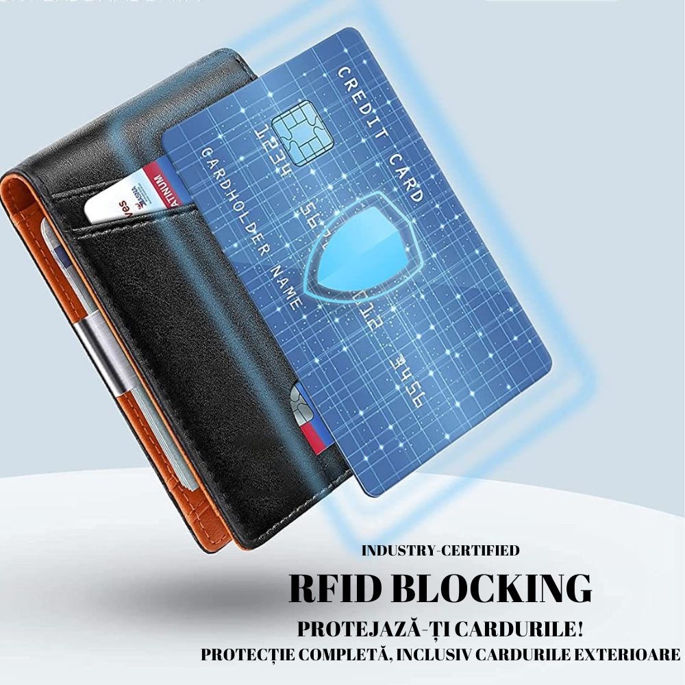 Portofel din piele pentru barbati, slim, cu protectie antiscanare carduri, negru/maro
