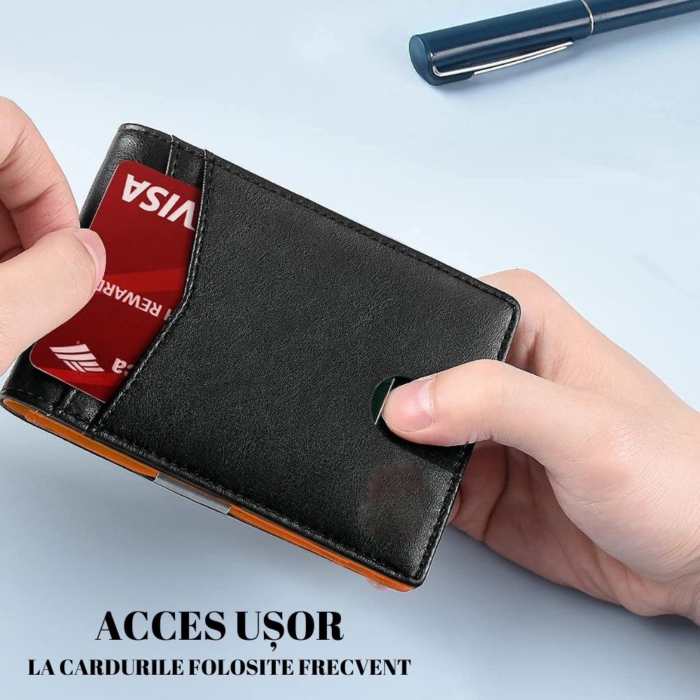 Portofel din piele pentru barbati, slim, cu protectie antiscanare carduri, negru/maro