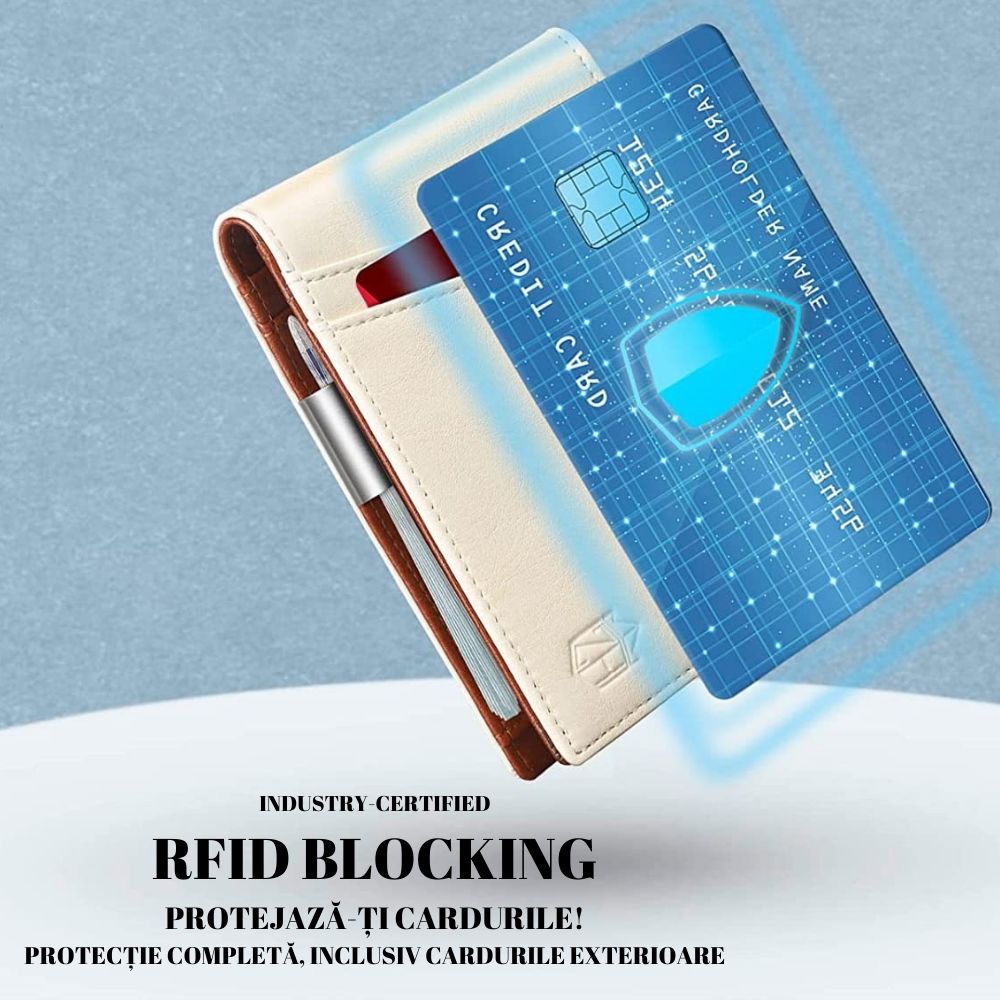 Portofel din piele pentru barbati, slim, cu protectie antiscanare carduri, be