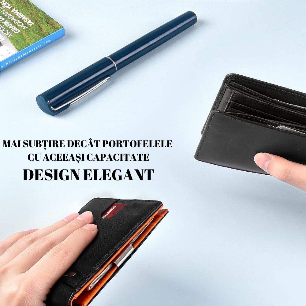Portofel din piele pentru barbati, slim, cu protectie antiscanare carduri, negru/maro