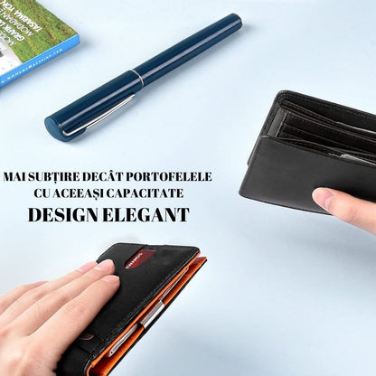 Portofel din piele pentru barbati, slim, cu protectie antiscanare carduri, negru/maro