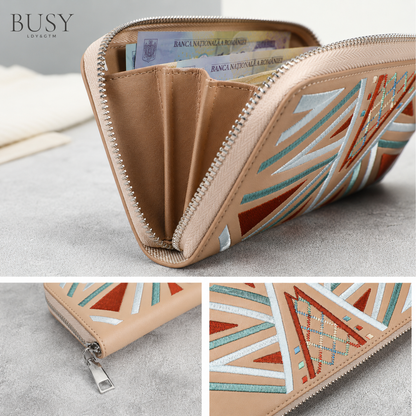 Portofel dama din piele naturală brodată multicolor, BUSY Lady & Gentleman® Ana – Beige