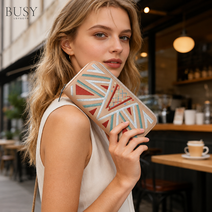 Portofel dama din piele naturală brodată multicolor, BUSY Lady & Gentleman® Ana – Beige