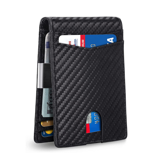 Portofel din piele pentru barbati, slim, cu protectie antiscanare carduri, Carbon Fiber Negru