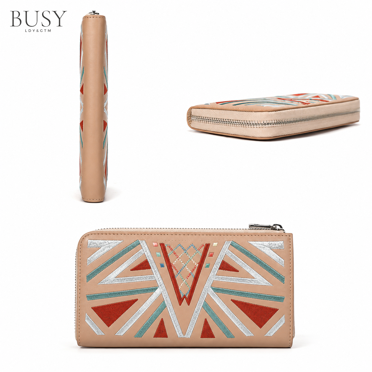 Portofel dama din piele naturală brodată multicolor, BUSY Lady & Gentleman® Ana – Beige