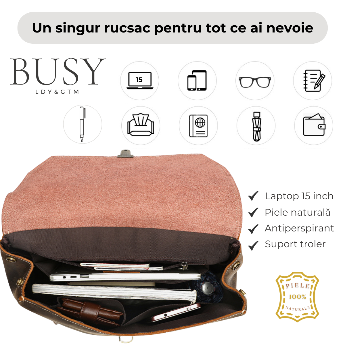 Rucsac laptop 15,6inch din piele Crazy Horse, Guard, retro business, spate antiperspirant, maro