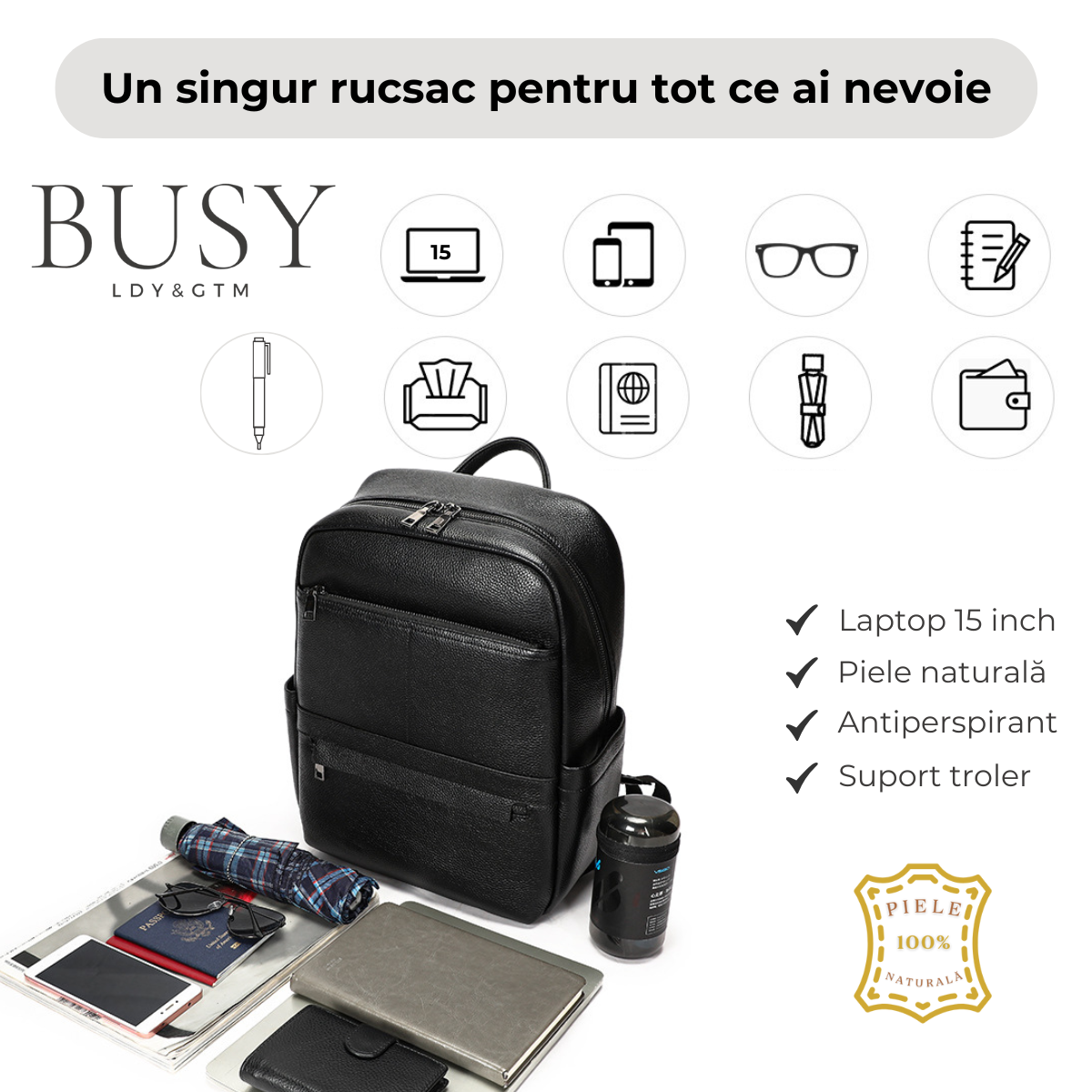 Rucsac Urban / Călătorii din Piele Naturală, Industry, negru
