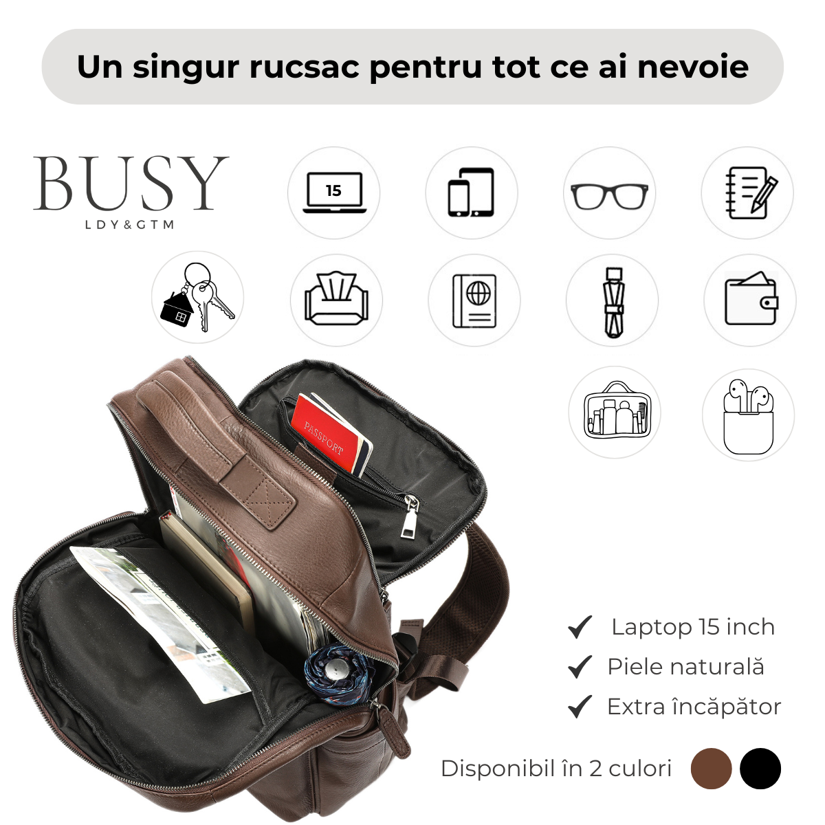 Rucsac laptop 15inch din piele naturala, Tor, suport troler, negru