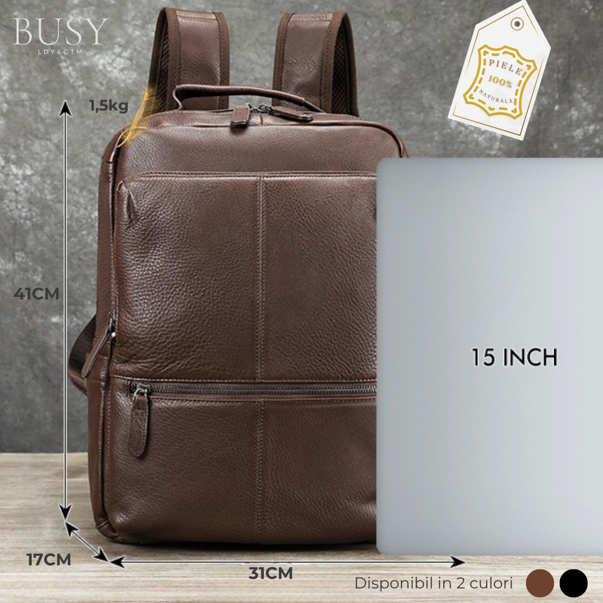 Rucsac laptop 15inch din piele naturala, Tor, suport troler, negru