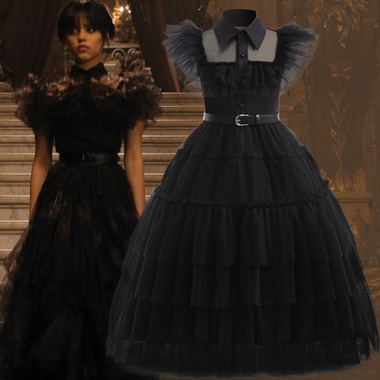 Rochie neagra model Wednesday, fete 140 cm
