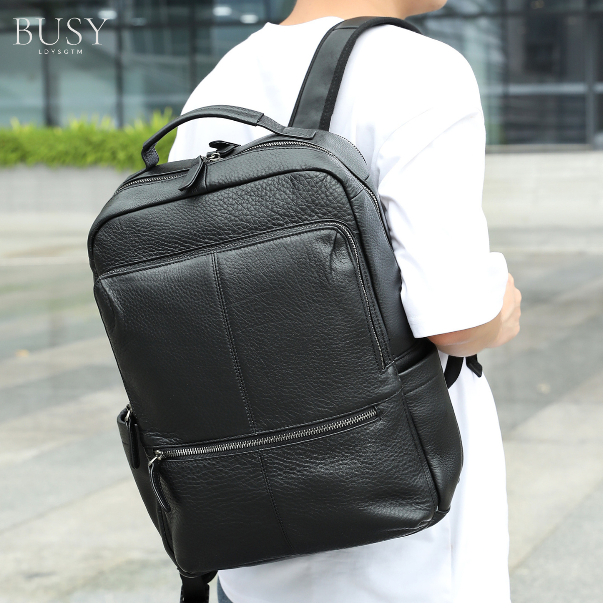 Rucsac laptop 15inch din piele naturala, Tor, suport troler, negru