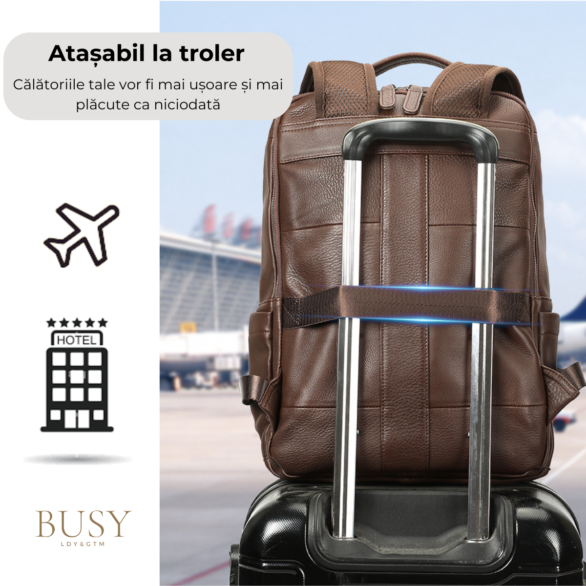 Rucsac laptop 15inch din piele naturala, Tor, suport troler, negru
