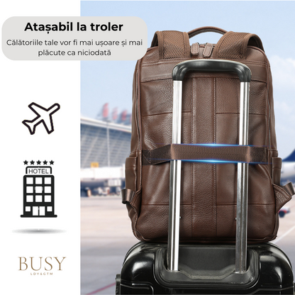 Rucsac laptop 15inch din piele naturala, Tor, suport troler, negru