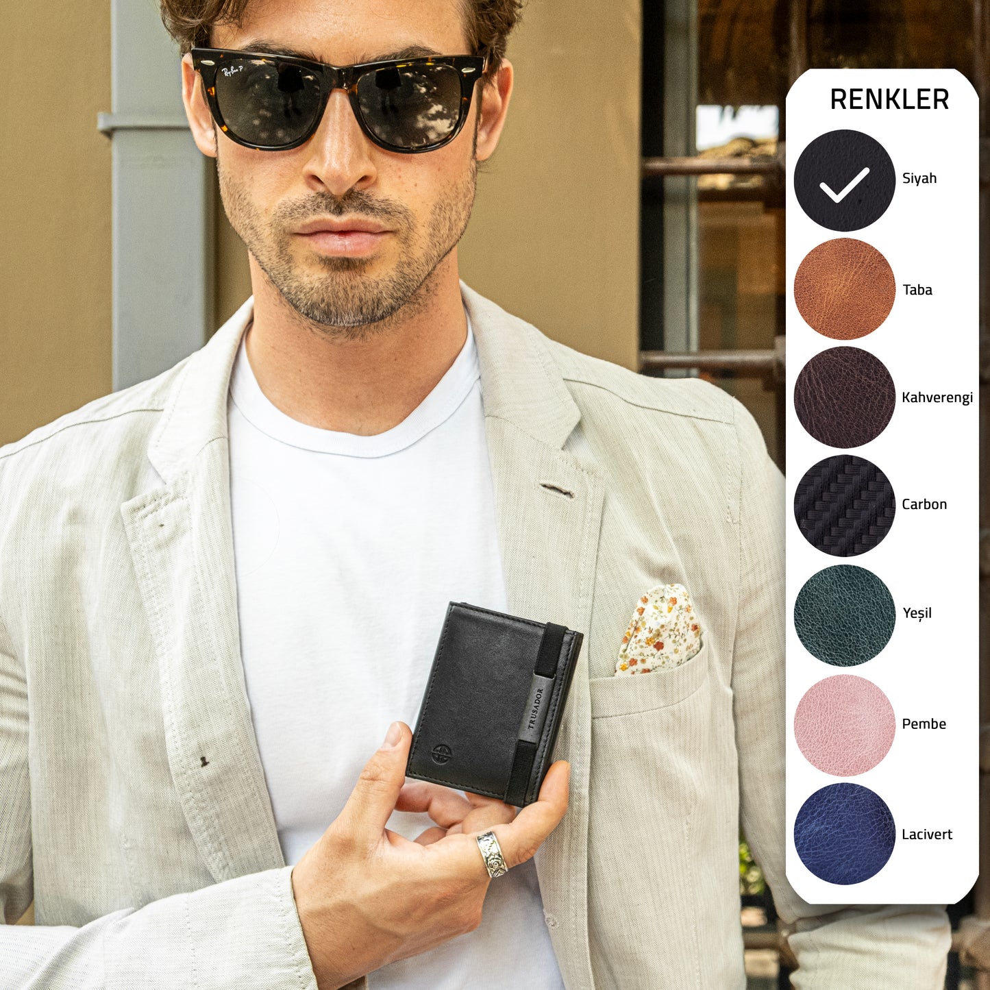 Portofel piele naturala cu cu oglinda si protectie anti scanare carduri RFID, design compact trifold, Marseille - negru
