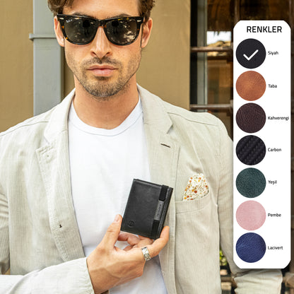 Portofel piele naturala cu cu oglinda si protectie anti scanare carduri RFID, design compact trifold, Marseille - negru