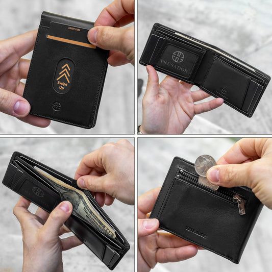 Portofel din piele naturala cu protectie anti scanare carduri RFID si cu buzunar pentru monede, Trento - negru
