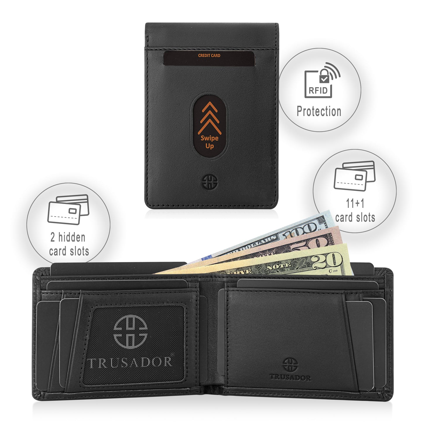 Portofel din piele naturala cu protectie anti scanare carduri RFID si cu buzunar pentru monede, Trento - negru