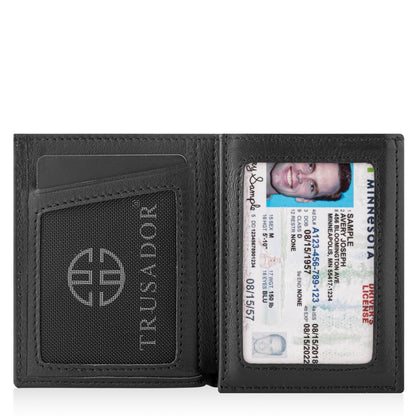 Portofel piele naturala cu cu oglinda si protectie anti scanare carduri RFID, design compact trifold, Marseille - negru